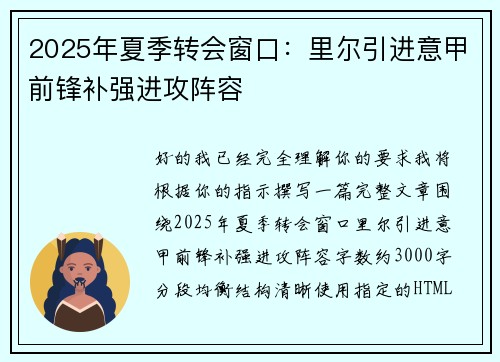 2025年夏季转会窗口：里尔引进意甲前锋补强进攻阵容