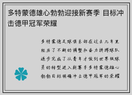 多特蒙德雄心勃勃迎接新赛季 目标冲击德甲冠军荣耀